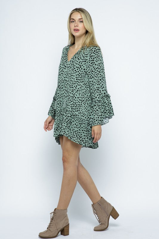 Sage Bell Sleeve Spotted Mini