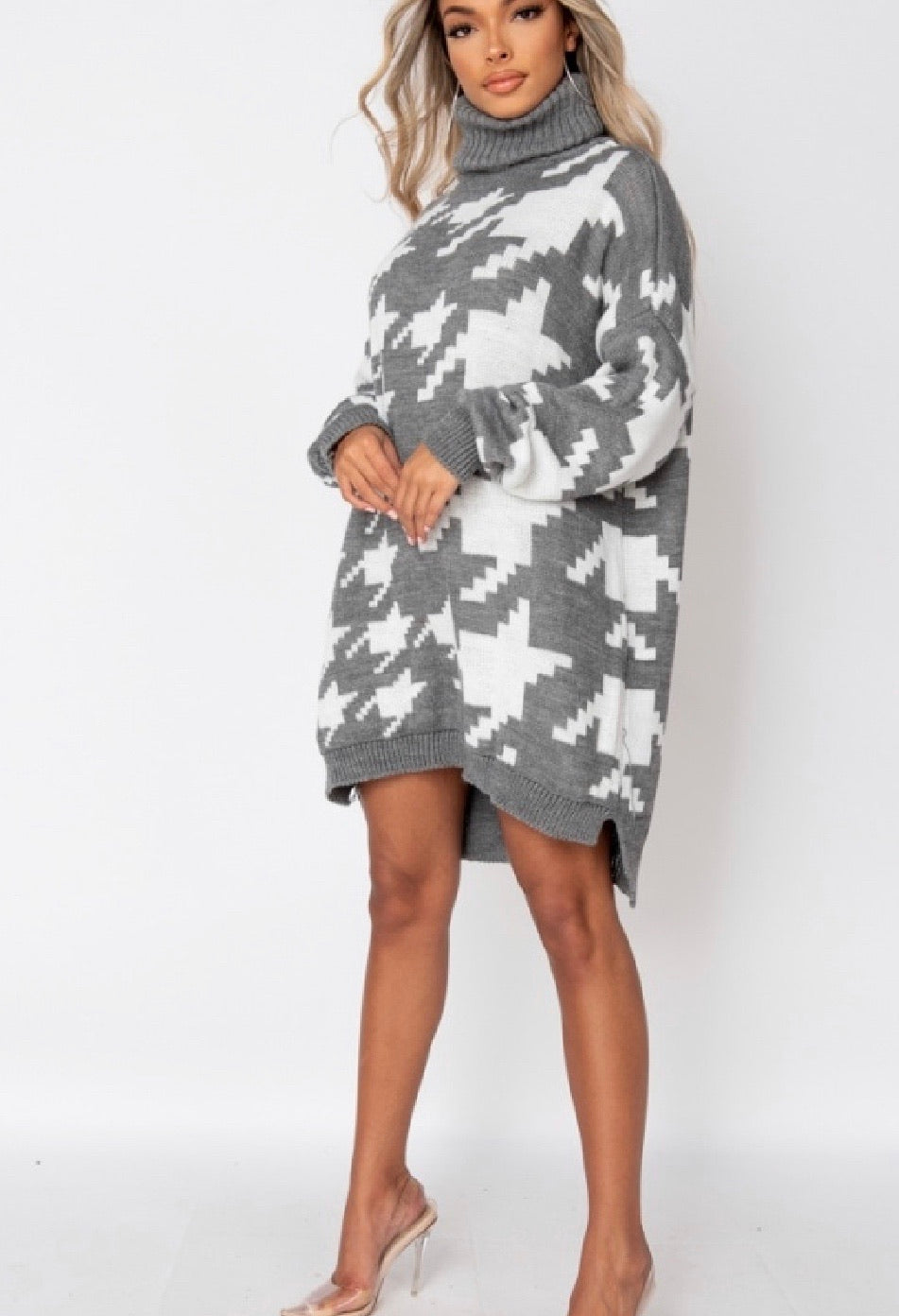 Over Sized Houndstooth Check Sweater Dress